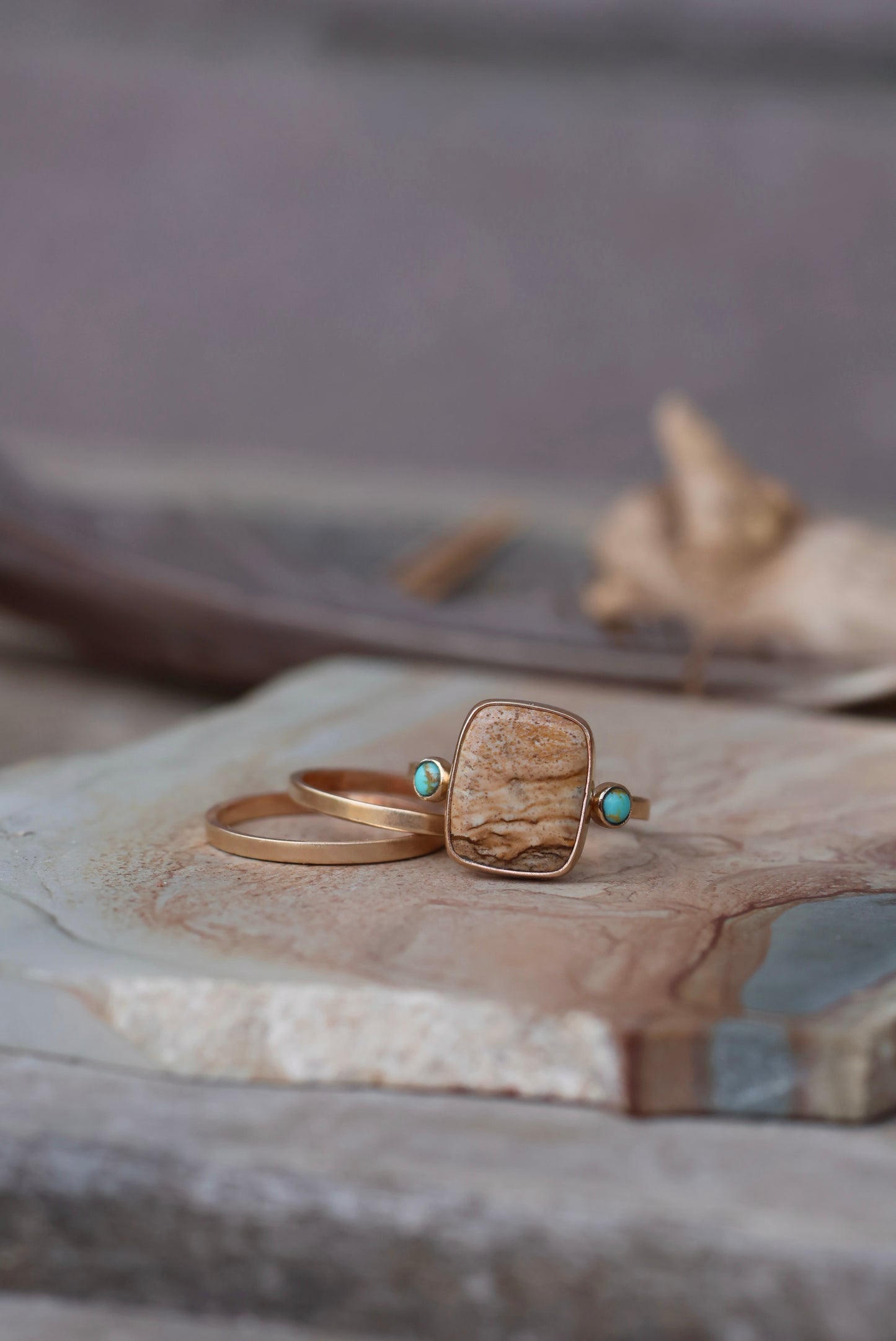 Picture Jasper and Kingman Turquoise Ring Set in 14k Gold