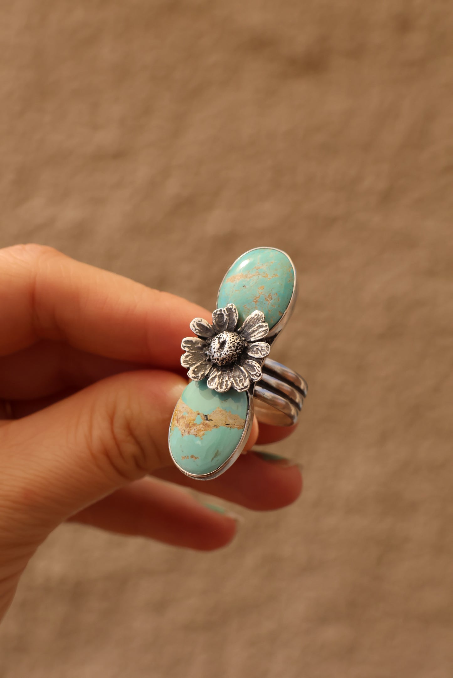 Double Turquoise Chamomile Ring - Size 9