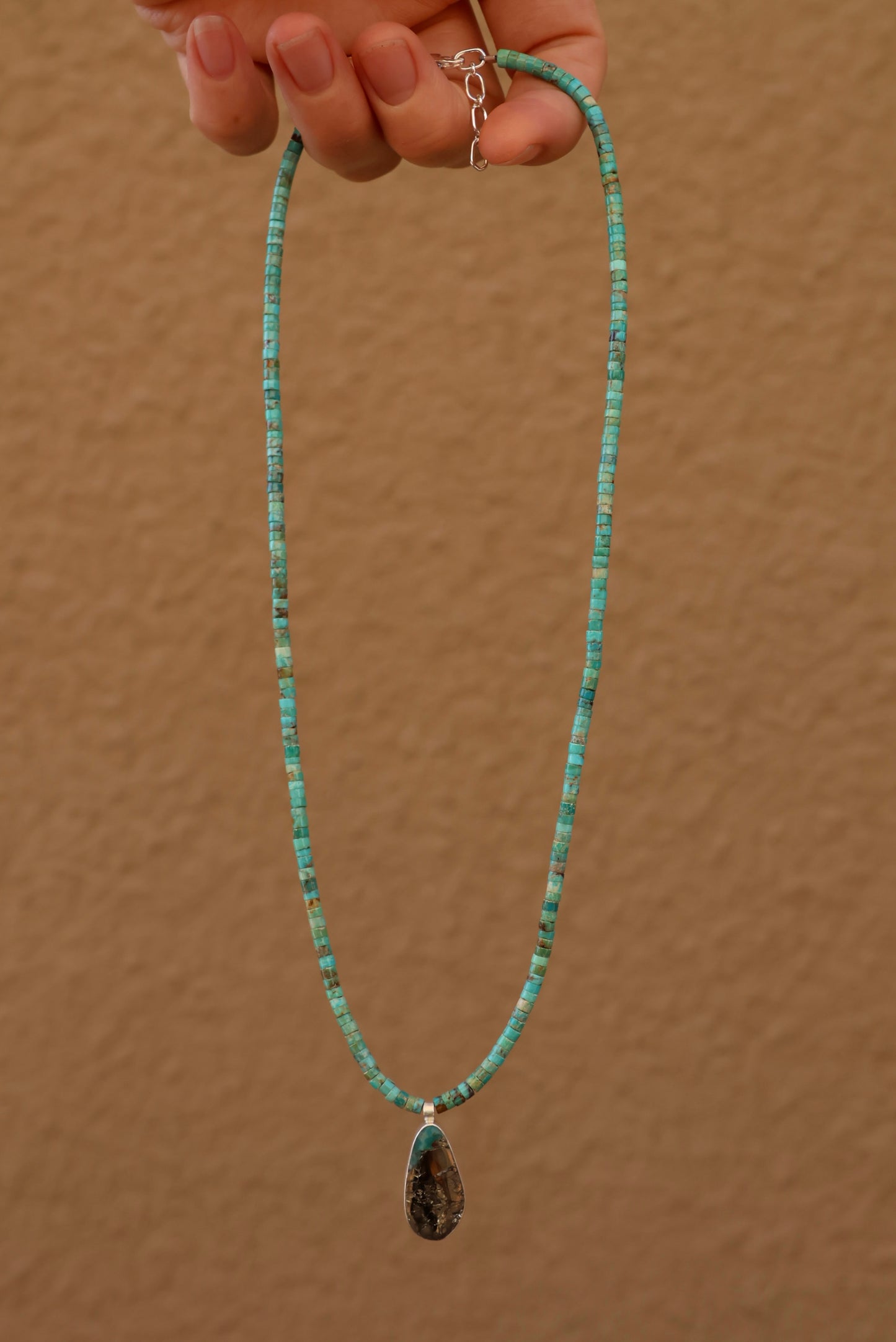 Heishi Kingman Turquoise Necklace with Pyrite Turquoise Pendant