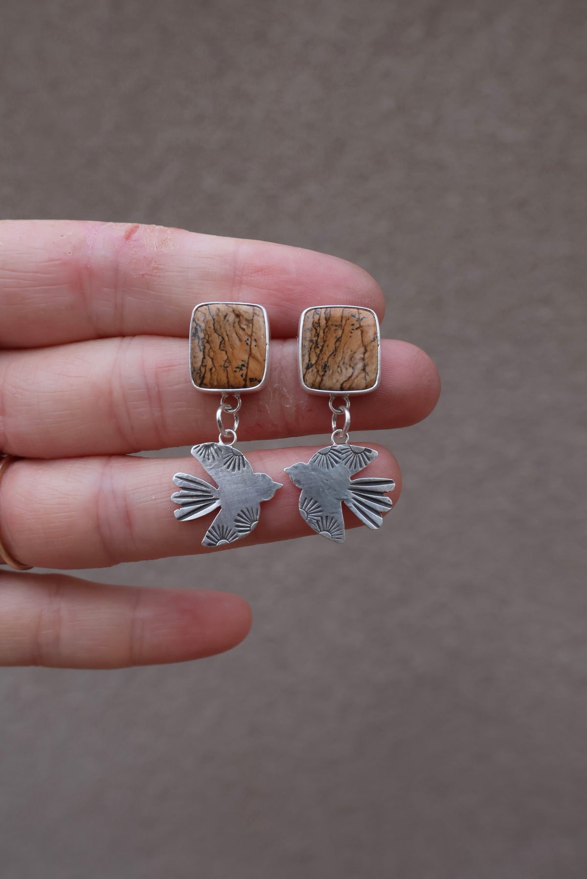 Picture Jasper + Bird Earrings