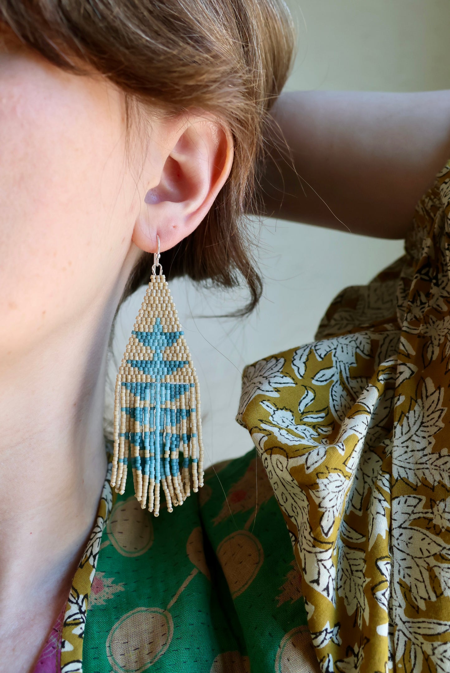 Take Flight Fringe Earrings - Blues and Off White