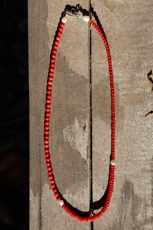 Coral and Freshwater Pearl Beaded Necklace