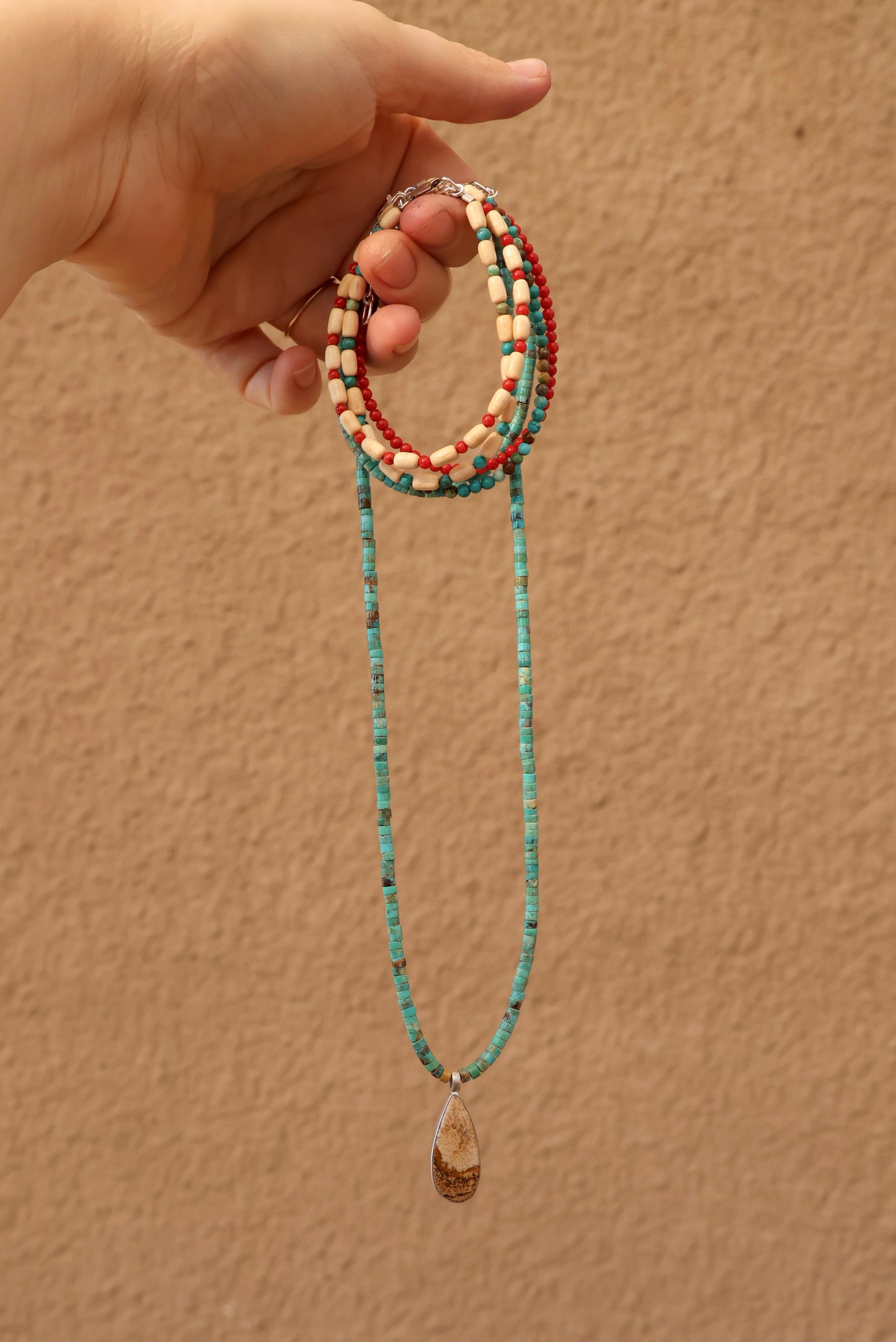 Wood and Coral Beaded Bracelet