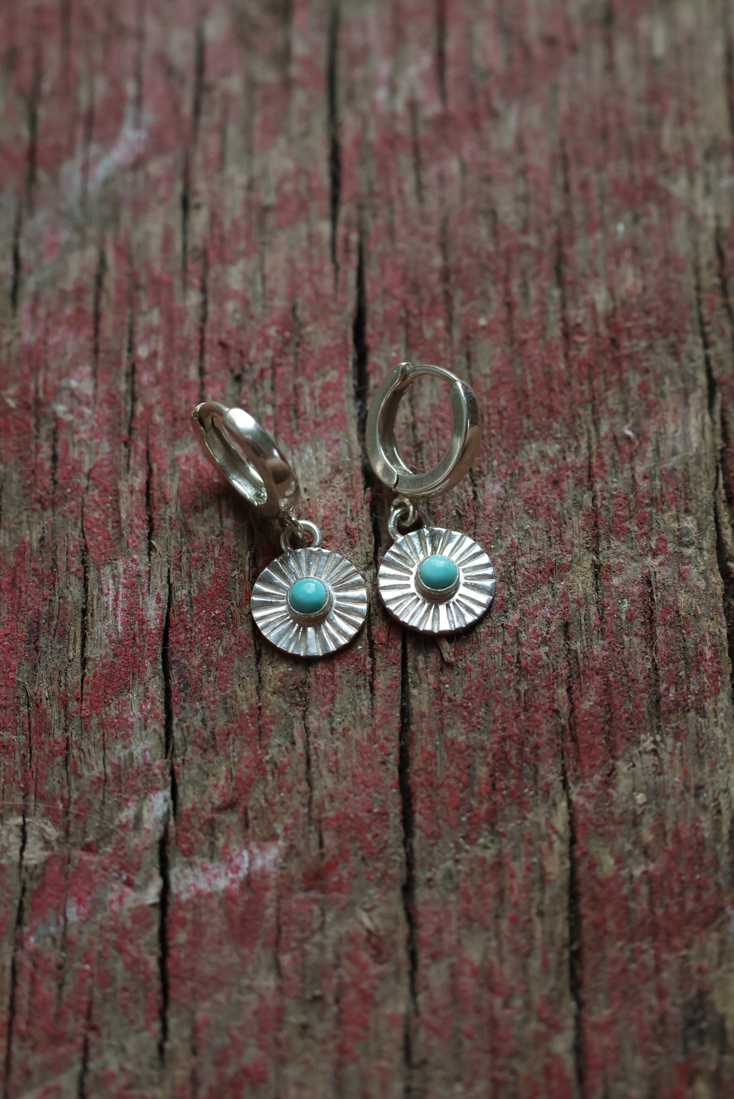 Sun Ray Stamped Turquoise Huggie Hoop Earrings