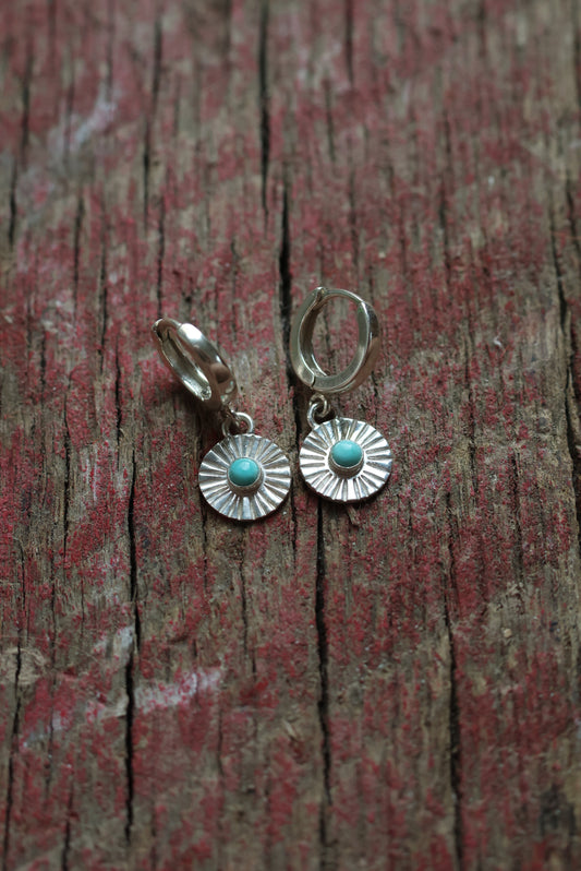 Sun Ray Stamped Turquoise Huggie Hoop Earrings