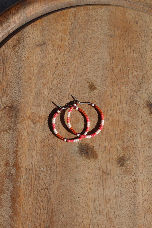 Seed Bead Hoop Earrings - Pink Color Block Stripe