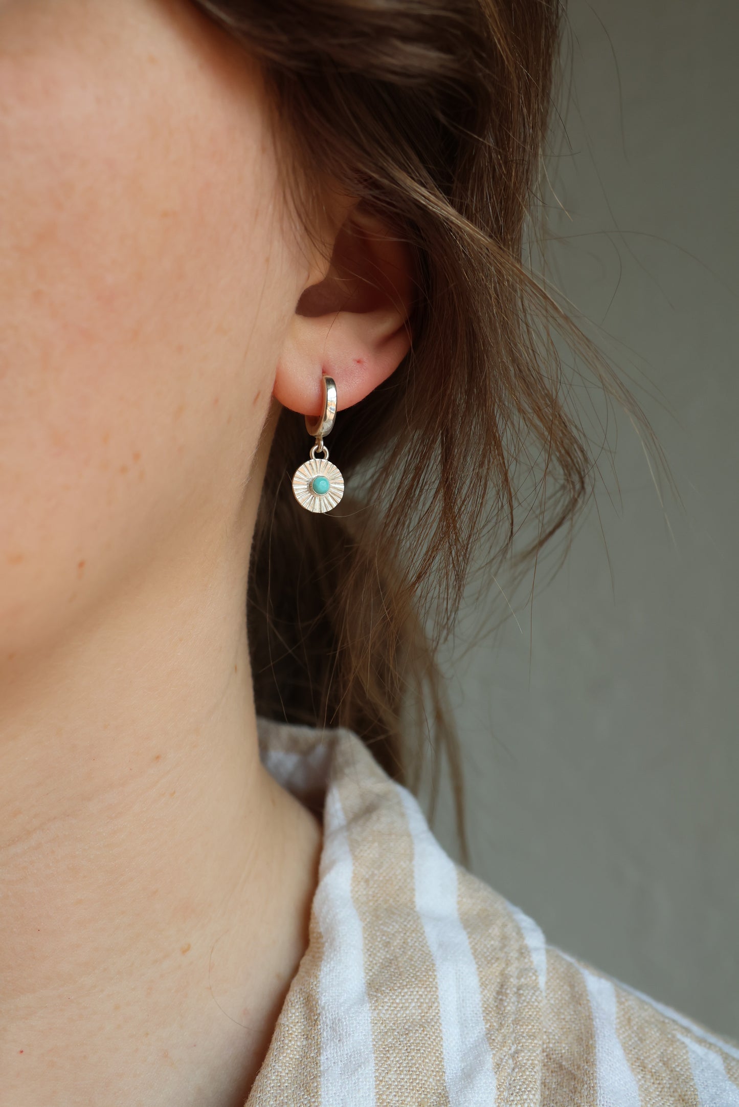 Sun Ray Stamped Turquoise Huggie Hoop Earrings