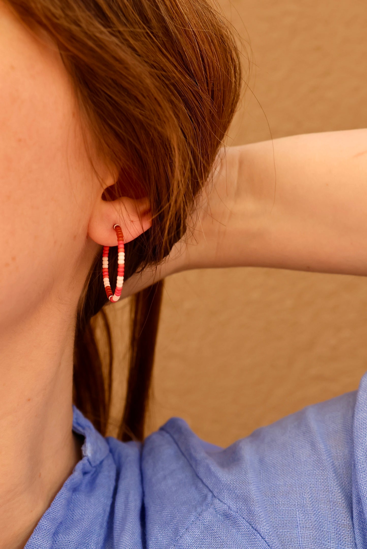 Seed Bead Hoop Earrings - Pink Color Block Stripe
