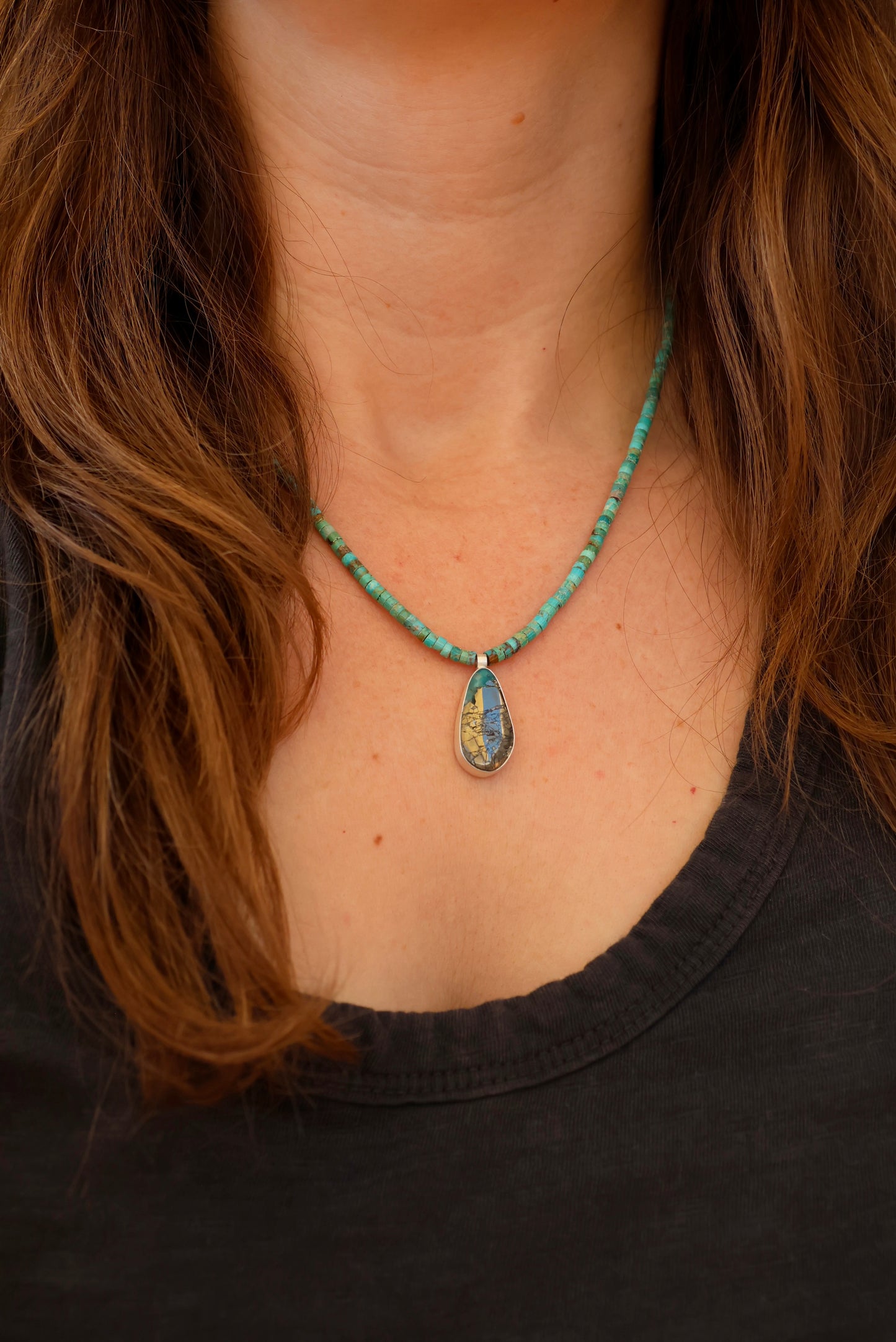 Heishi Kingman Turquoise Necklace with Pyrite Turquoise Pendant